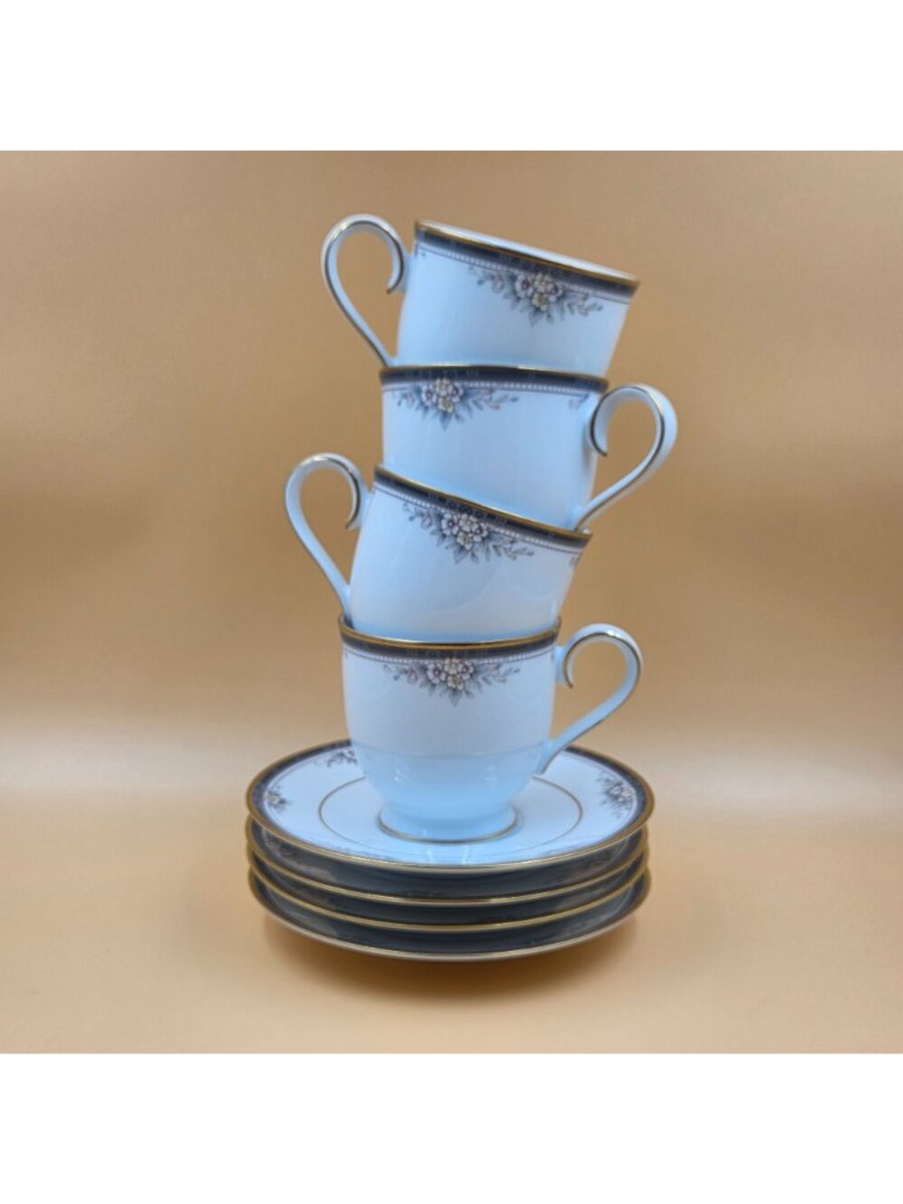 Noritake Ontario Set of 4 Footed Cup and Saucer Blue Gray Band White Pink Flower - Picture 2 of 16